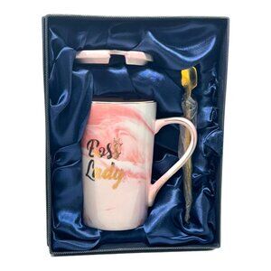 Boss Lady Pink Ceramic Coffee Mug W/Lid & Spoon New in Gift Box